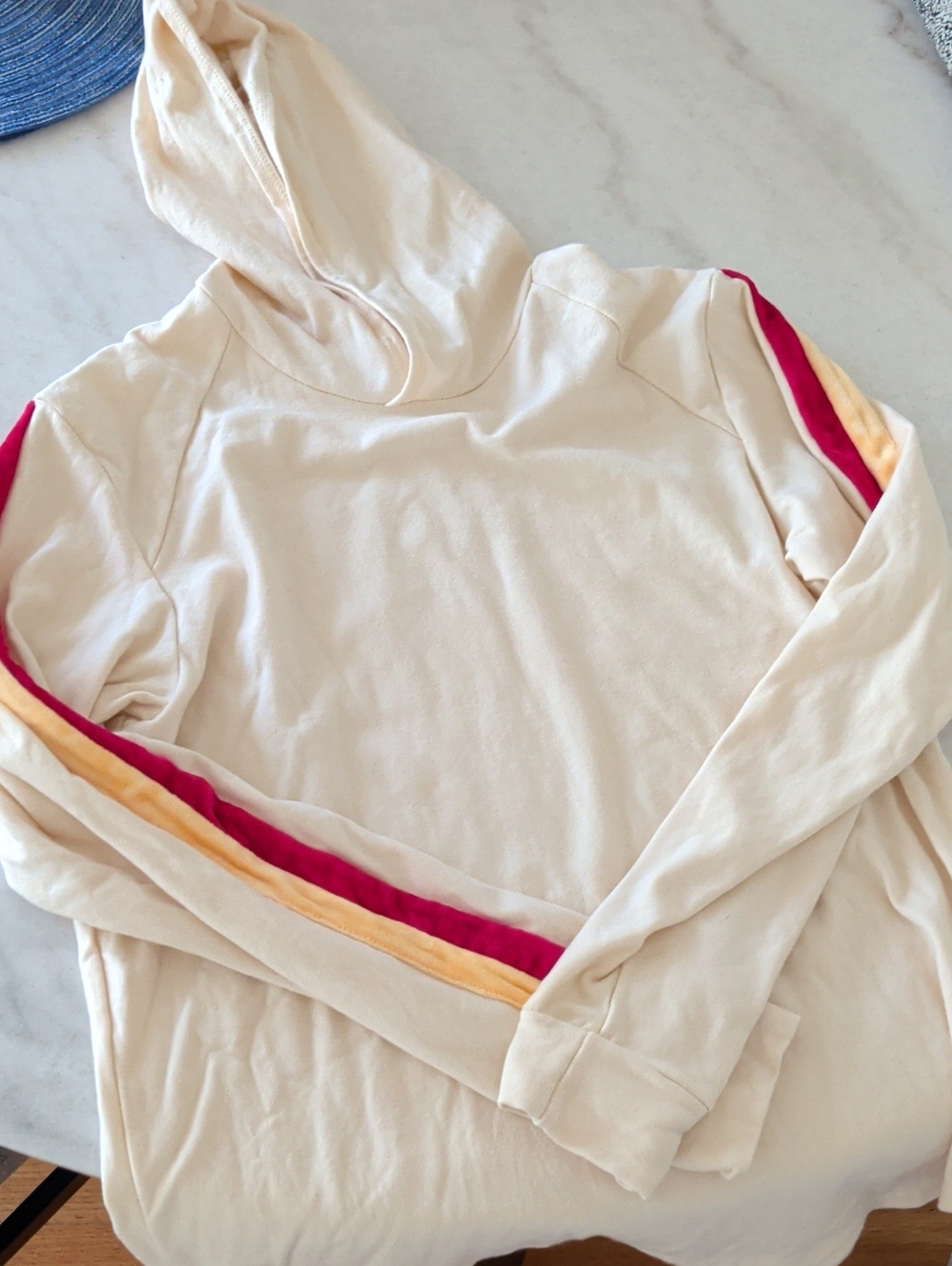 Cream Hoodie with Red and Yellow Stripe Detail